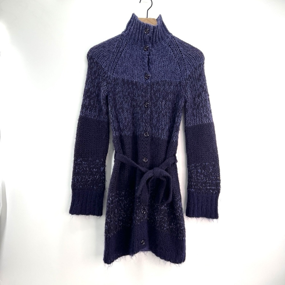 Vintage Express Long Cardigan Sweater Sz S Purple Mohair Furry Duster Y2K Belted